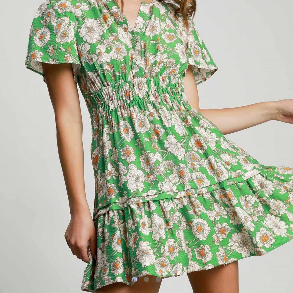 Umgee Large Green Floral Smocked Mini Dress
